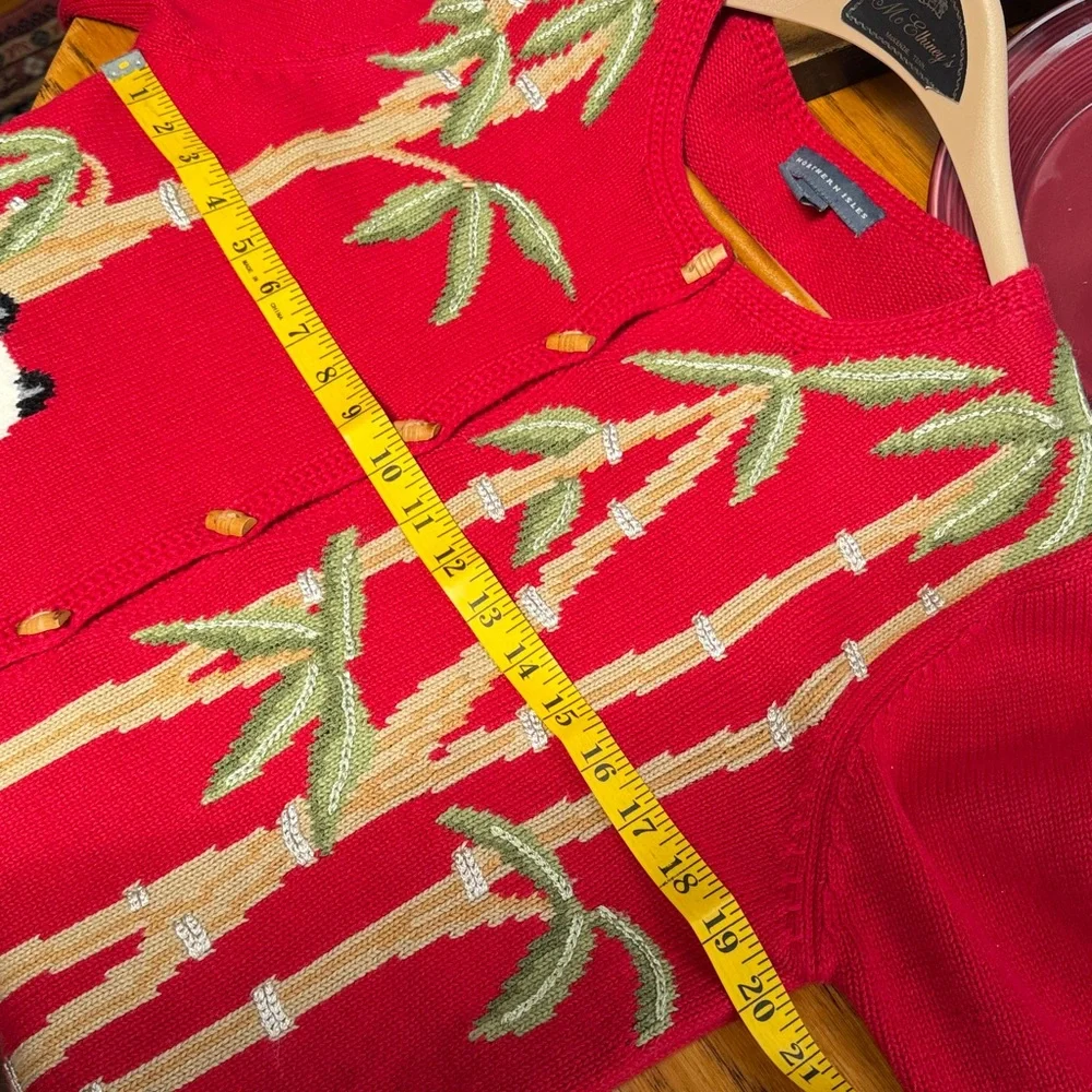 Northern Isles Vintage cherry red cardigan with bamboo and panda print.  Medium